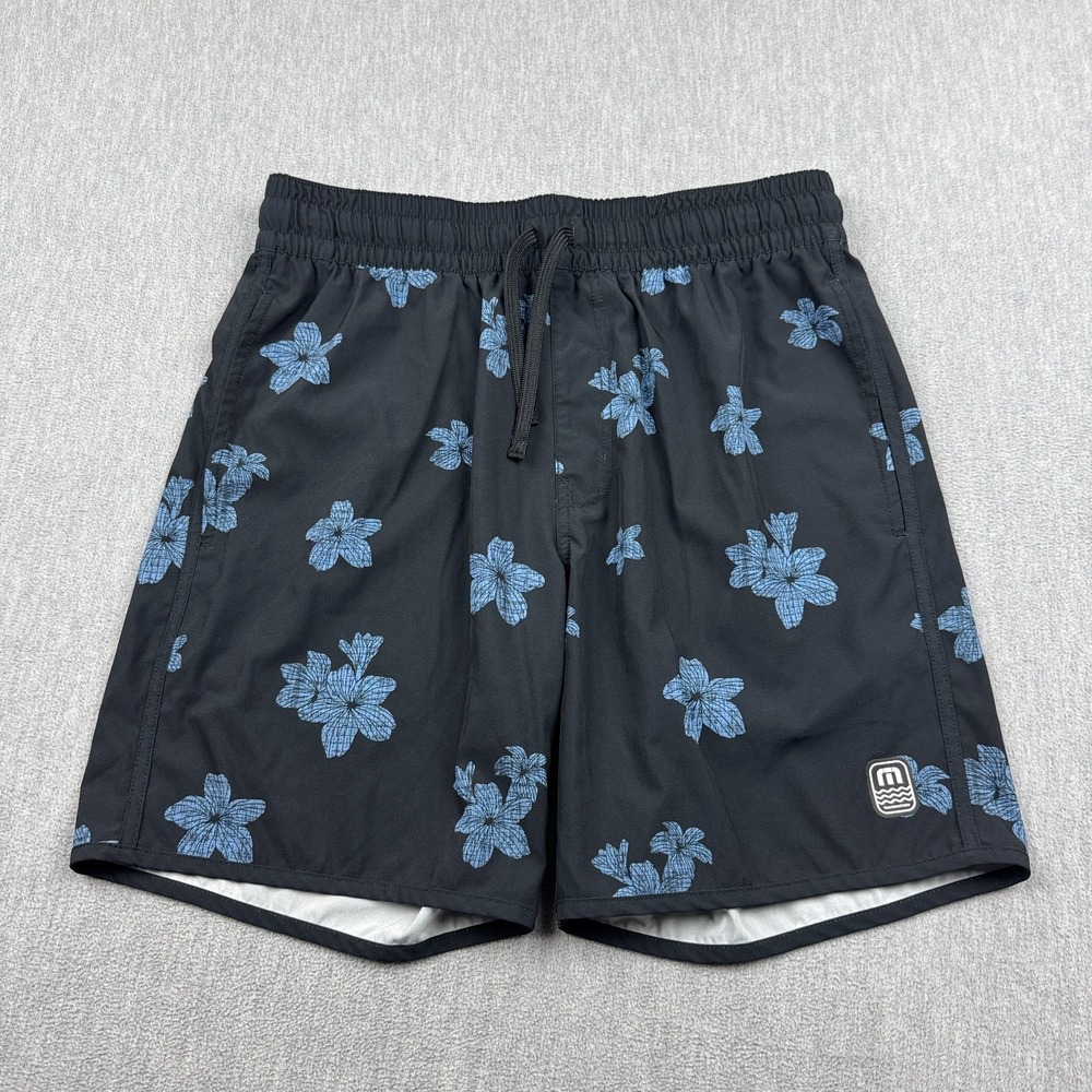 Travis Mathew Shorts Mens Medium Black Blue Floral Boardshort‎ Swim Trunks Surf